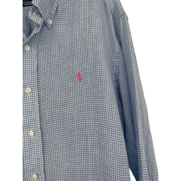 Ralph Lauren Mens Classic Fit Blue Gingham 100% Linen Shirt Size Large - Picture 3 of 6